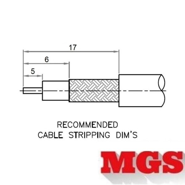 BNC female Crimp On for RG-174, RG-316, LMR-100A, and other 0.100 Inch OD Coax 7006-BNC-174 Coax Stripping Dimensions - Max-Gain Systems Inc