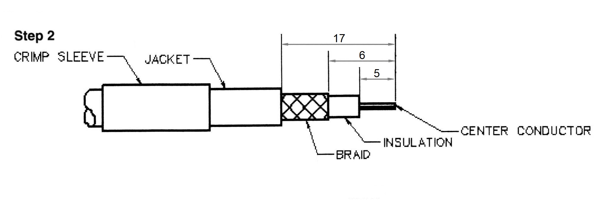 BNC female Crimp On for RG-174, RG-316, LMR-100A, and other 0.100 Inch OD Coax 7006-BNC-174 Installation Guide step 2 - Max-Gain Systems Inc
