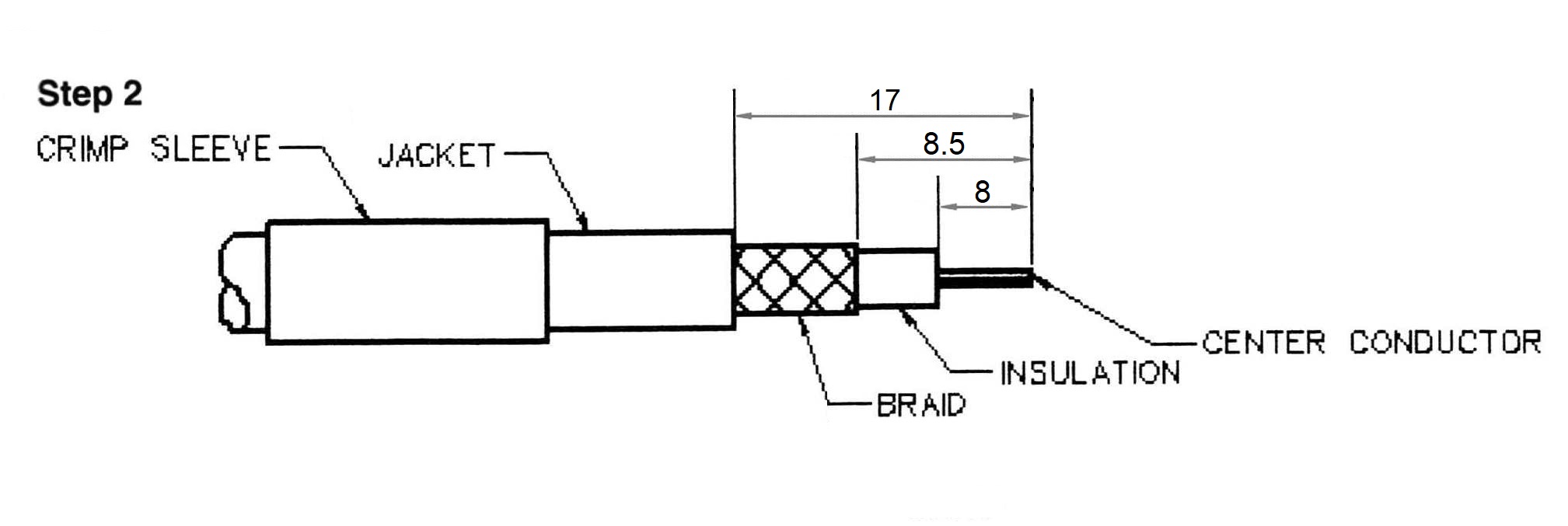 BNC female Crimp On for RG-223, RG-59, LMR-240, RG-8X mini 8, and other 0.240 Inch OD Coax 7006-BNC-8X Installation Guide step 2 - Max-Gain Systems Inc