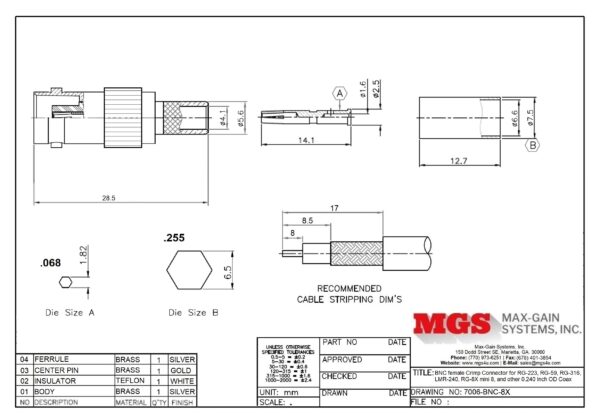 BNC female Crimp On for RG-223, RG-59, LMR-240, RG-8X mini 8, and other 0.240 Inch OD Coax 7006-BNC-8X drawing - Max-Gain Systems Inc