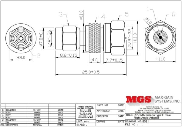 RP-SMA male to Type F male Adapter 8521 Drawing - Max-Gain Systems Inc