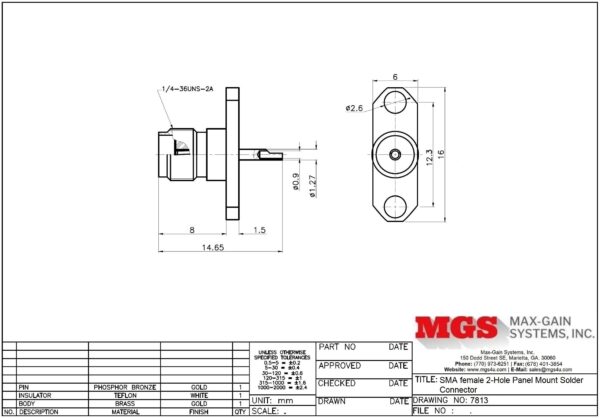 SMA female 2-Hole Panel Mount Solder Connector 7813 Drawing - Max-Gain Systems Inc