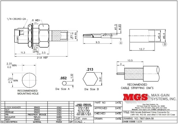 SMA female Bulkhead Crimp Connector for LMR-195, RG-58, and other 0.195 Inch OD Coax 7807-SMA-58 drawing - Max-Gain Systems Inc