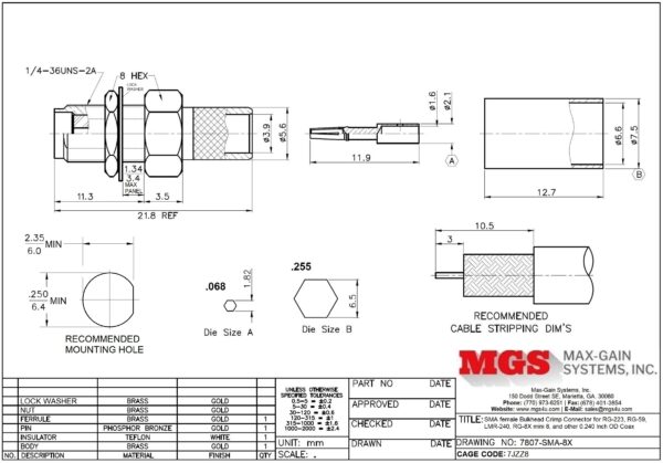 SMA female Bulkhead Crimp Connector for RG-223, RG-59, LMR-240, RG-8X mini 8, and other 0.240 Inch OD Coax 7807-SMA-8X drawing - Max-Gain Systems Inc