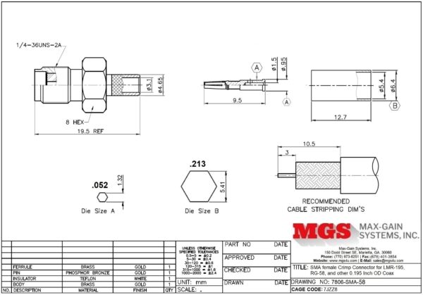 SMA female Crimp Connector for LMR-195, RG-58, and other 0.195 Inch OD Coax 7806-SMA-58 drawing - Max-Gain Systems Inc