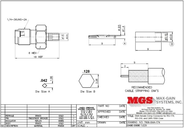 SMA female Crimp Connector for RG-174, RG-316, and LMR-100A Coax 7806-SMA-174 drawing - Max-Gain Systems Inc