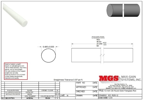 RSR-12-Structural FRP Fiberglass Rod Drawing - Max-Gain Systems Inc