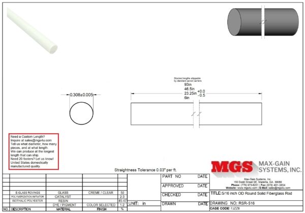 RSR-516-Structural FRP Fiberglass Rod Drawing - Max-Gain Systems Inc