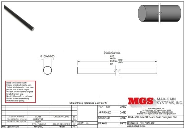 RSR-532-Structural FRP Fiberglass Rod Drawing - Max-Gain Systems Inc
