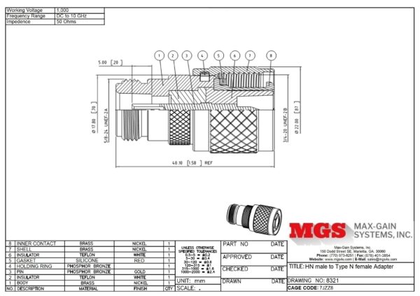 HN male to Type N female 8321 Drawing - Max-Gain Systems Inc