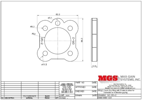 Polycarbonate Guy Ring for 2 dia Tube GR-2 Drawing - Max-Gain Systems Inc