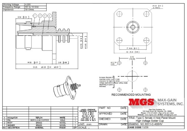 Type C female 4 Hole Panel Mount for LMR-400, RG-213, RG-8 8311-C-400HV drawing - Max-Gain Systems Inc