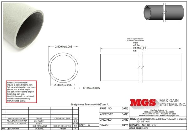 RT-212-Structural FRP Fiberglass Round Tube Drawing - Max-Gain Systems Inc