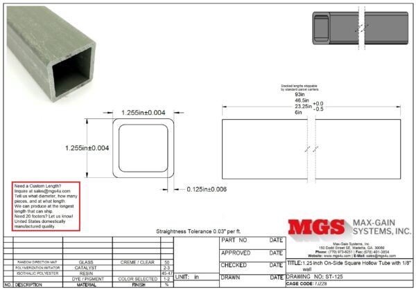 ST-125-Structural FRP Fiberglass Square Tube Drawing - Max-Gain Systems Inc