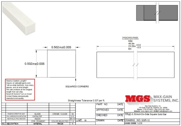 SQR-12-Structural FRP Fiberglass Square Solid Bar Drawing - Max-Gain Systems Inc