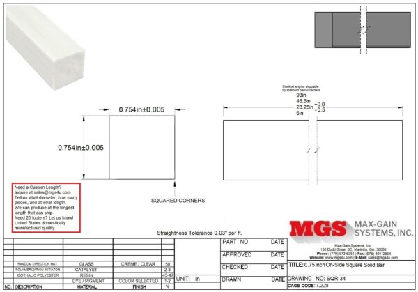 SQR-34-Structural FRP Fiberglass Square Solid Bar Drawing - Max-Gain Systems Inc