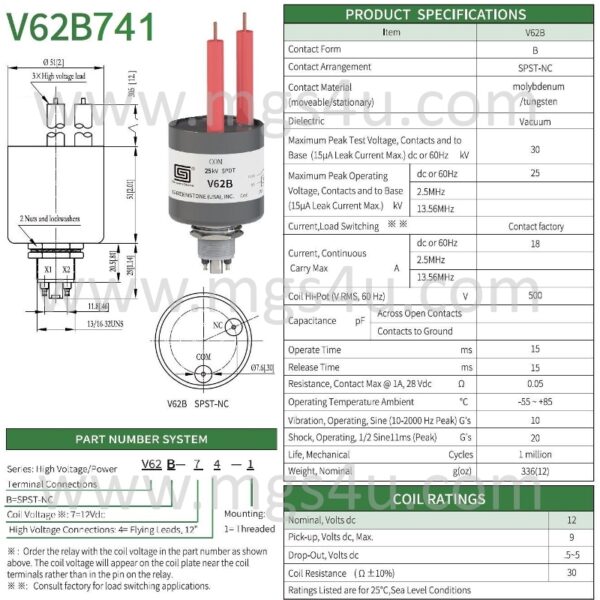 Greenstone V62B741 Vacuum Relay Spec and Data Sheet - Max-Gain Systems Inc