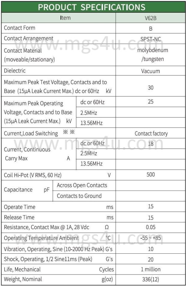 Greenstone V62B741 Vacuum Relay Specs - Max-Gain Systems Inc