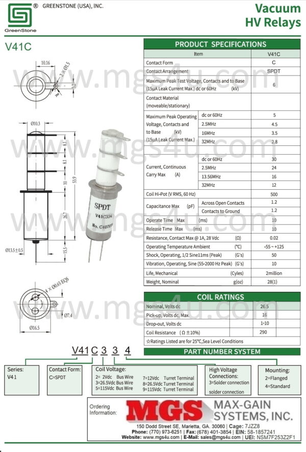 Greenstone V41C334 Vacuum Relay Spec and Data Sheet - Max-Gain Systems Inc