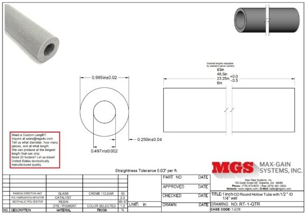RT-1-QTR-Structural FRP Fiberglass Round Tube Drawing - Max-Gain Systems Inc