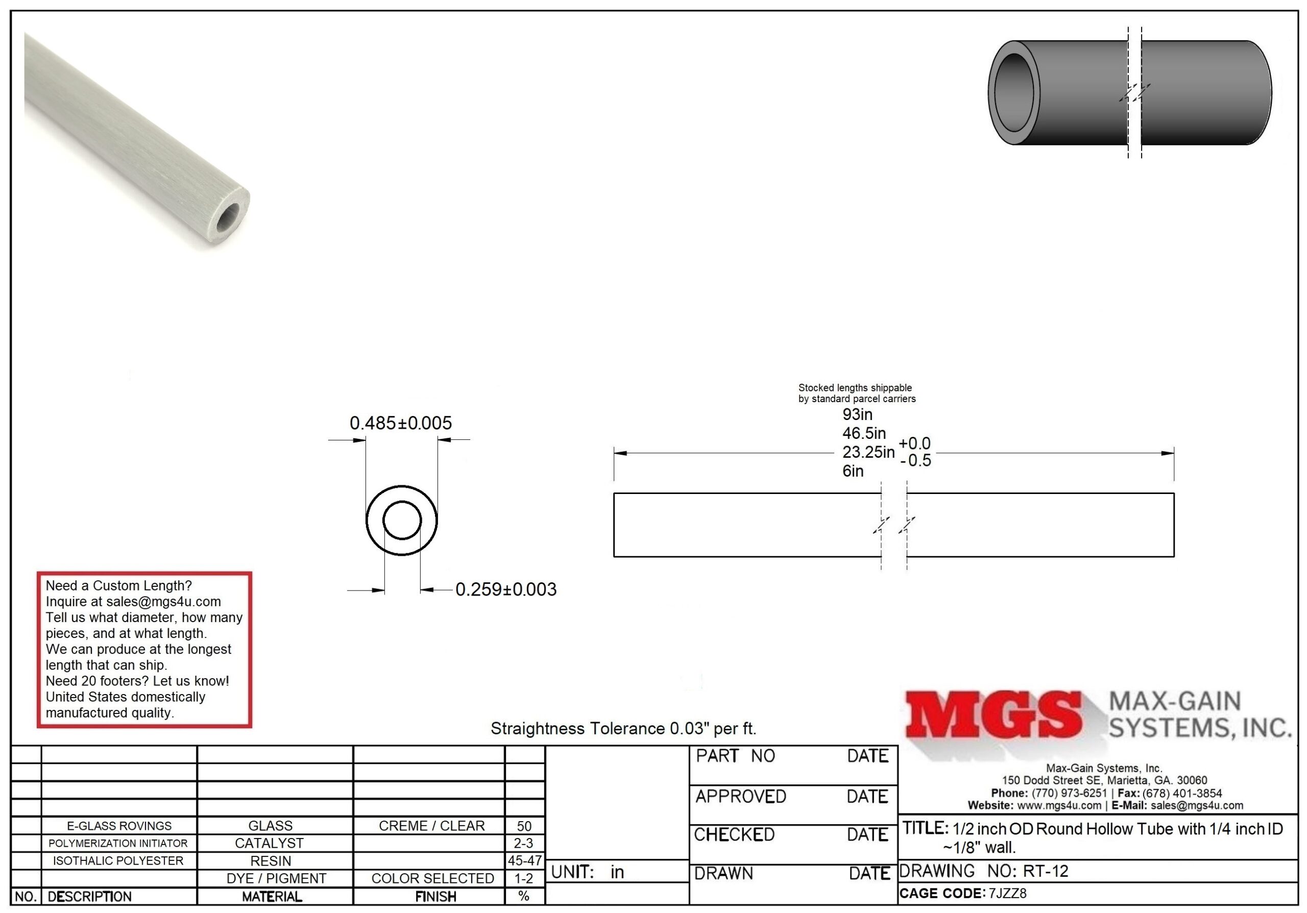 RT-12-Structural FRP Fiberglass Round Hollow Tube Drawing - Max-Gain Systems Inc