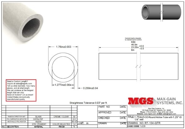 RT-134-QTR-Structural FRP Fiberglass Round Tube Drawing - Max-Gain Systems Inc