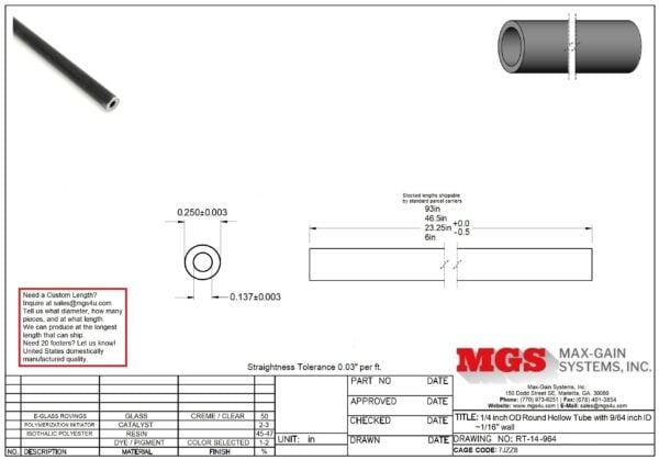 RT-14-964-Structural FRP Fiberglass Round Hollow Tube Drawing - Max-Gain Systems Inc