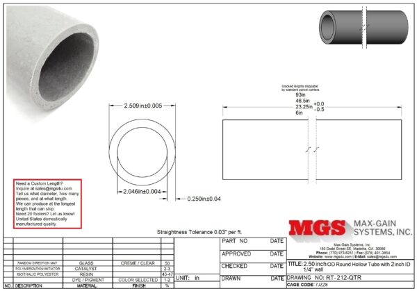 RT-212-QTR-Structural FRP Fiberglass Round Tube Drawing - Max-Gain Systems Inc