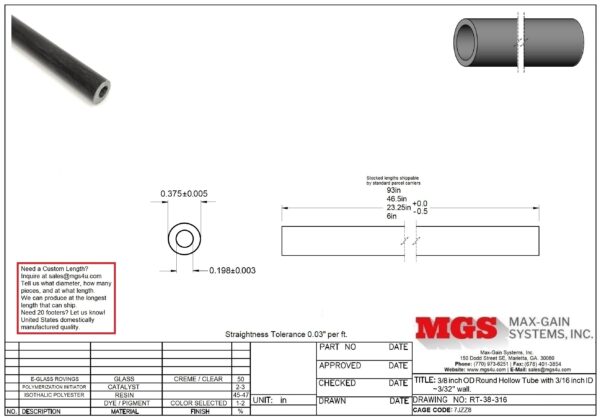 RT-38-316-Structural FRP Fiberglass Round Hollow Tube Drawing - Max-Gain Systems Inc