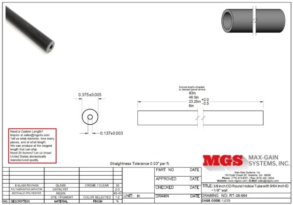 RT-38-964-Structural FRP Fiberglass Round Hollow Tube Drawing - Max-Gain Systems Inc
