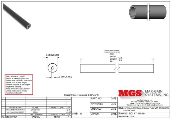 RT-516-964-Structural FRP Fiberglass Round Hollow Tube Drawing - Max-Gain Systems Inc