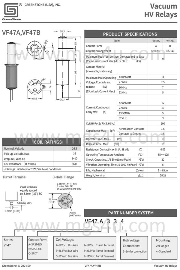 Greenstone VF47A334 Vacuum Relay Spec and Data Sheet - Max-Gain Systems Inc