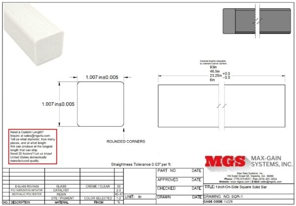 SQR-1-Structural FRP Fiberglass Square Solid Bar Drawing - Max-Gain Systems Inc