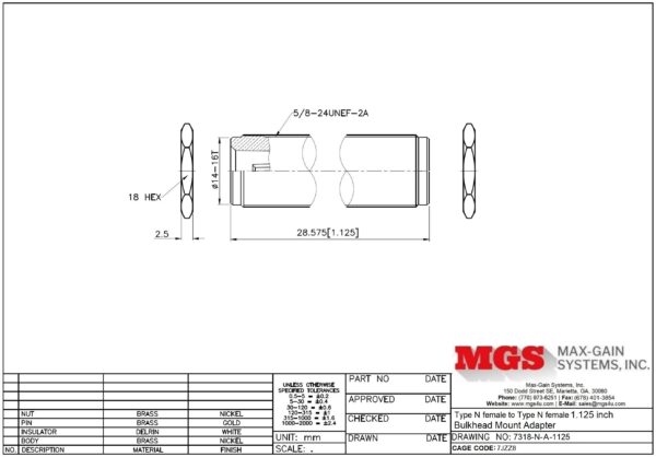 Type N female to Type N female 1.125 inch Bulkhead Mount Adapter 7318-N-A-1125 Drawing - Max-Gain Systems Inc