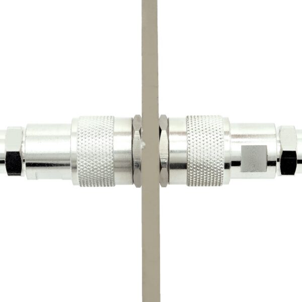 Type N female to Type N female 1.125 inch Bulkhead Mount Adapter 7318-N-A-1125 Installed in 0.25 inch thick plate with two Type N male 800x800 - Max-Gain Systems Inc