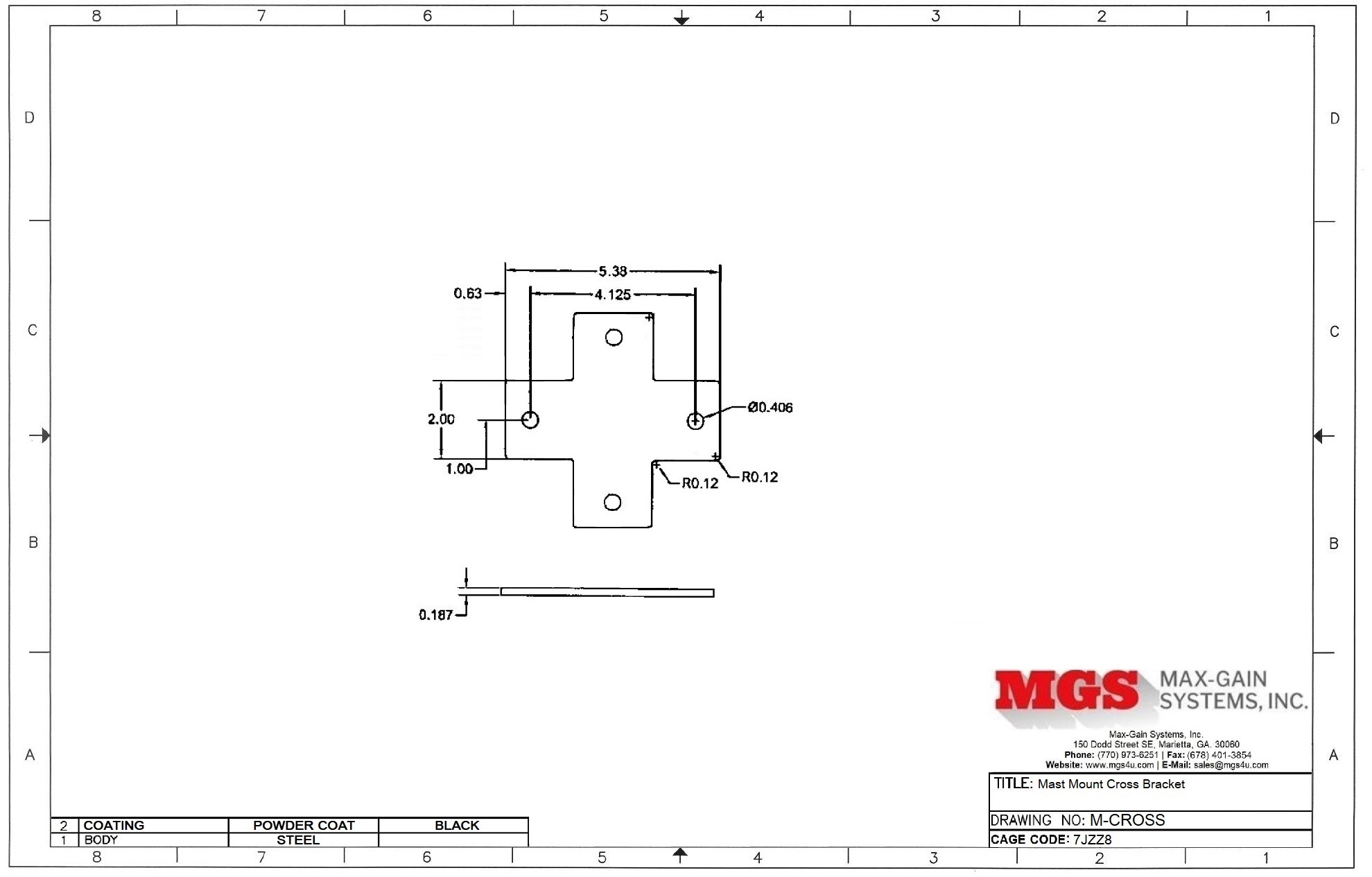 Mast Mount 90 degree Plate Adapter - M-CROSS Drawing - Max-Gain systems, Inc