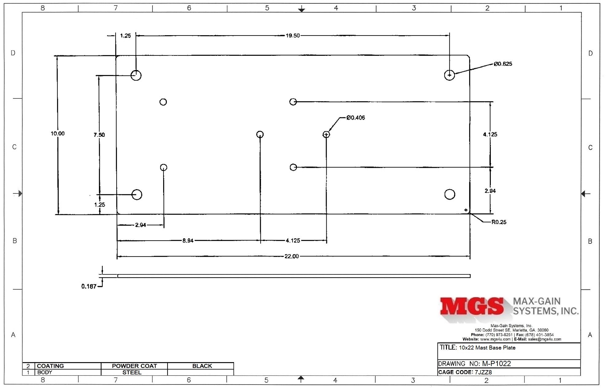 Mast Mount Ground and Drive-On Plate - M-P1022 Drawing - Max-Gain systems, Inc