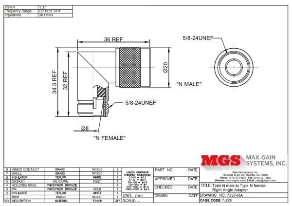 Type N male to Type N female Right Angle 7337-RA Drawing - Max-Gain systems, Inc