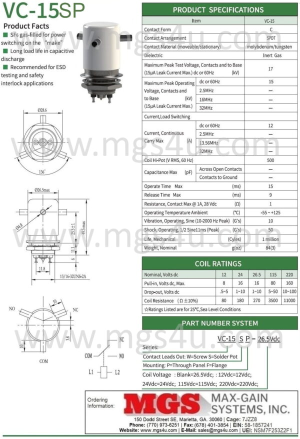Greenstone VC-15SP Vacuum Relay Spec and Data Sheet - Max-Gain Systems Inc