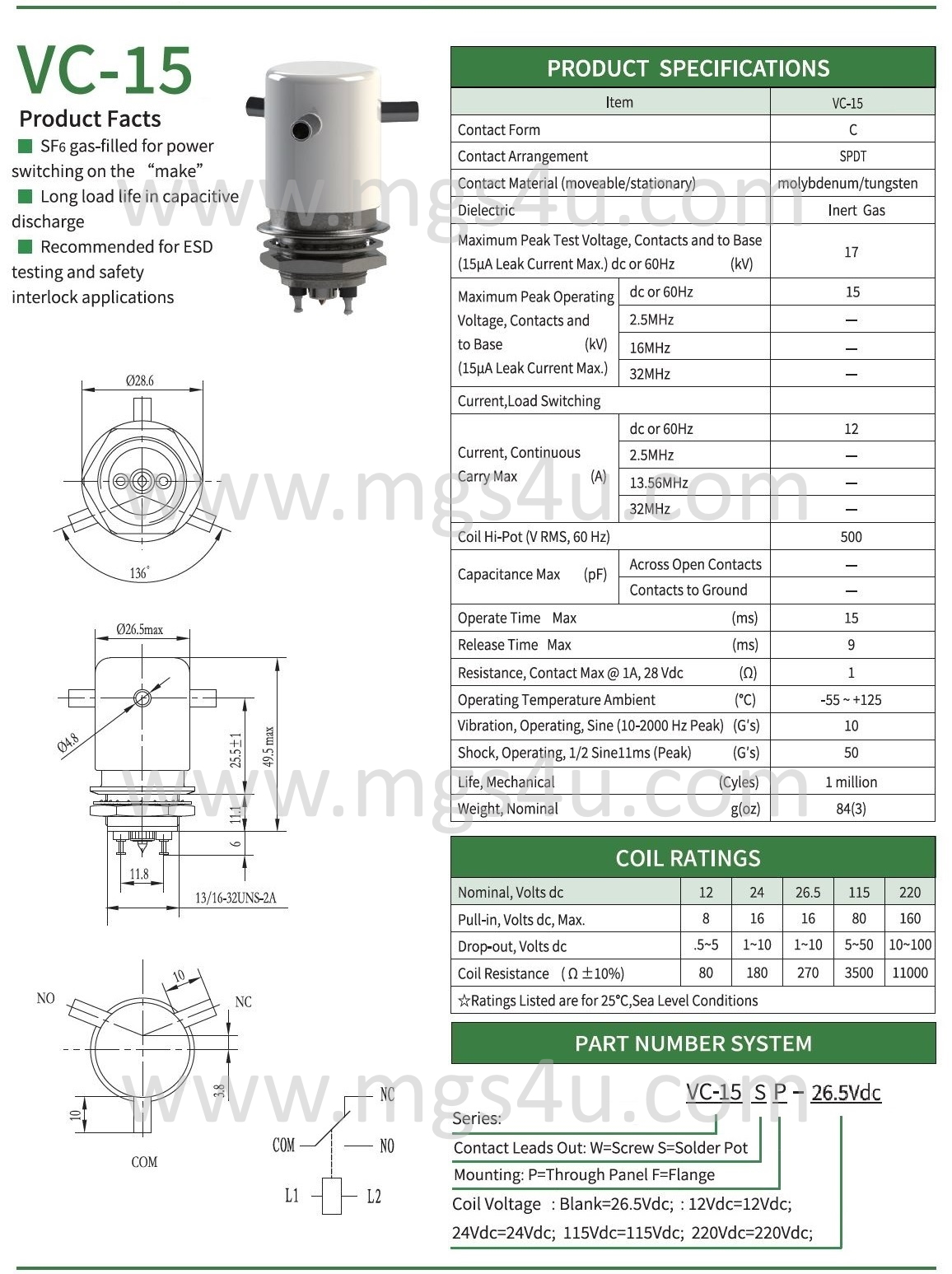 Greenstone VC-15SP Vacuum Relay Spec and Data Sheet - Max-Gain Systems Inc