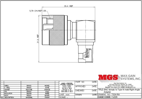 BNC female to Type N male Right Angle Adapter 7324-RA Drawing - Max-Gain systems, Inc