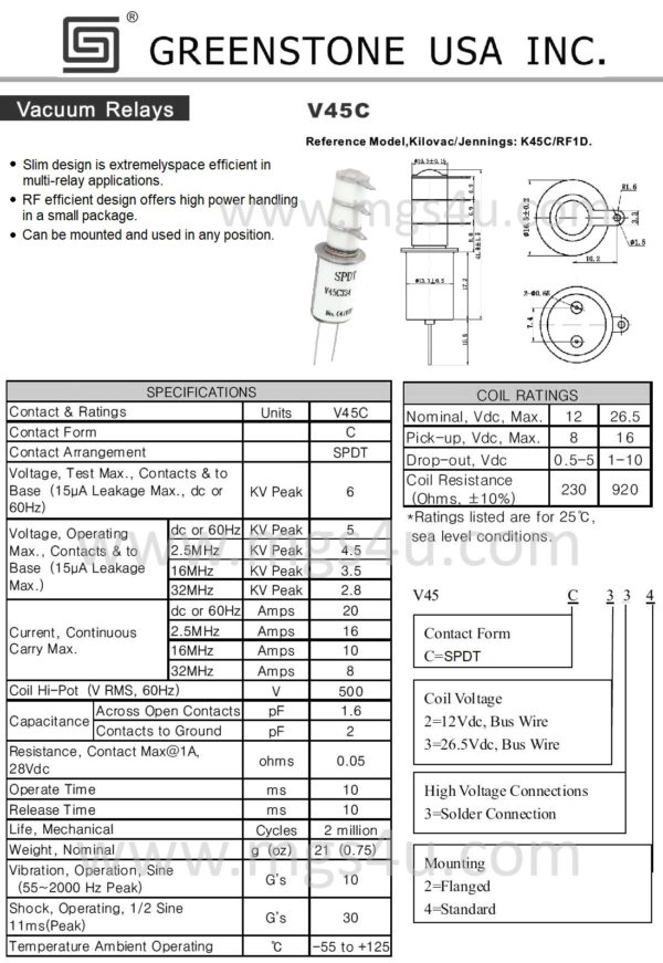 Greenstone V45C334 Vacuum Relay Spec and Data Sheet - Max-Gain systems, Inc