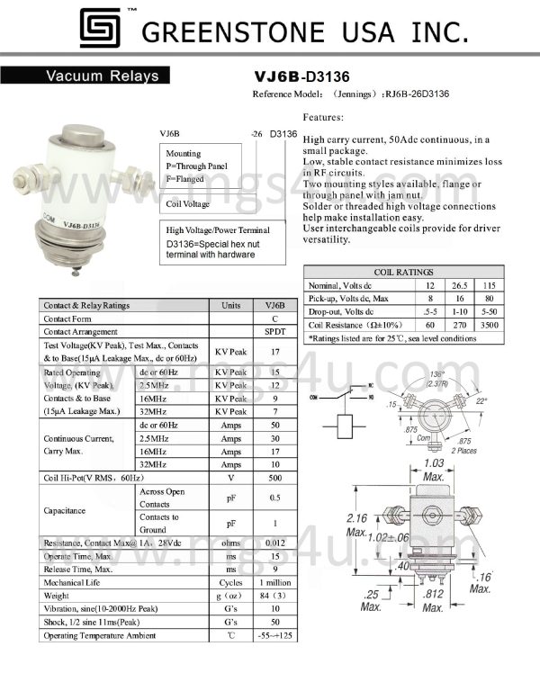 Greenstone VJ6B-D3136 Vacuum Relay Spec and Data Sheet - Max-Gain systems, Inc