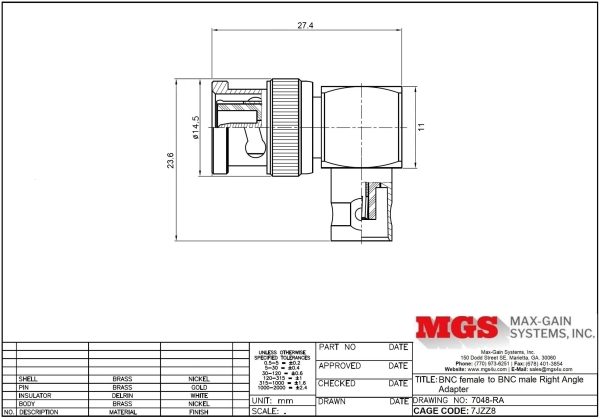 BNC female to BNC male Right Angle Adapter 7048-RA Drawing - Max-Gain Systems, Inc