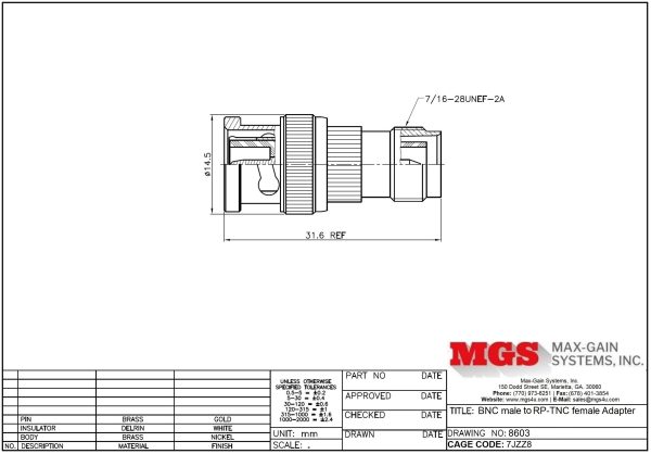 BNC male to RP-TNC female Adapter 8603 Drawing - Max-Gain Systems, Inc