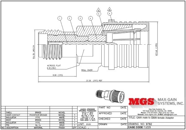 QMA male to SMA female Adapter 9782 Drawing - Max-Gain Systems, Inc