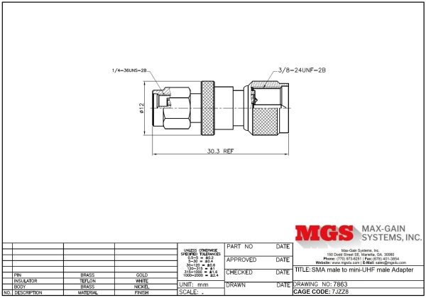 SMA male to mini-UHF male Adapter 7863 Drawing - Max-Gain Systems, Inc