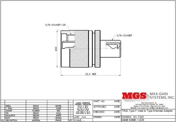 Type F female to Type N male Adapter 7325 Drawing - Max-Gain Systems, Inc