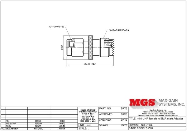 mini-UHF female to SMA male Adapter 7864 Drawing - Max-Gain Systems, Inc