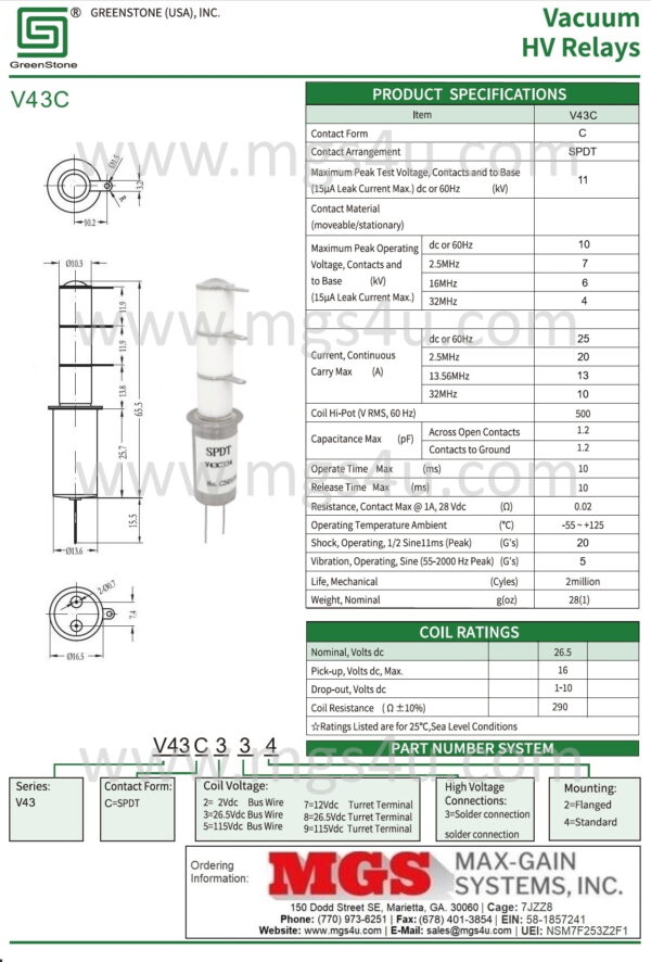 Greenstone V43C334 Vacuum Relay Spec and Data Sheet - Max-Gain Systems, Inc